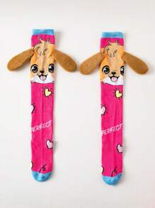 1 Pair Of Cute Socks For Girls, Cute Dog Ears Decor Kid's Knee High Socks,Cartoon Ear Handmade Socks,Family Or Friend For Gift,Suitable For All Season Outfit Socks