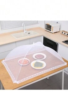 1 pieza Cubierta de comida con borde de encaje blanco, apta para picnic, uso doméstico, carpa de malla blanca para comida, cubierta de tazón plegable, para picnic, barbacoa, cocina, fiesta, mantel cubierta de polvo para camping
