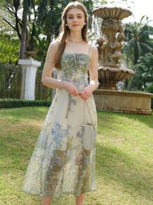 Women's Floral Print Tie Front Spaghetti Strap Dress, Minimalist Style