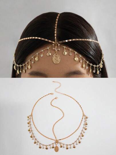 imoli 1pc Fashionable Minimalist Metal Chain Tasseled Rhinestone Geometric Circle Necklace For Women, Party Gift (Handmade, Chain Length Customized, Rhinestone Quantity Varies)