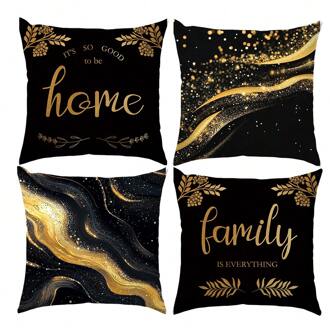 4 pièces Housses de coussin décoratives pour la maison, texture marbre noir et or, matériau en velours imprimé sur un seul côté, tailles 45*45/40*40/50*50 cm. Convient pour un canapé minimaliste moderne, la décoration du salon, les cadeaux, la décoration de fête.