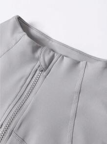 女式纯色拉链长袖运动夹克，袖口有拇指孔，紧身，瑜伽健身跑步运动服 - 灰色 - 查看 7