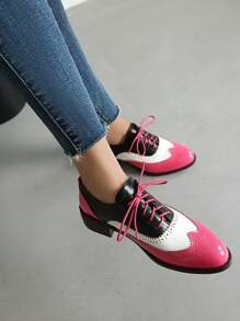 Francesine retrò da donna, Scarpe Oxford con lacci, in pelle laminata con platform piatto, a patchwork - Fucsia - Visualizzare 5