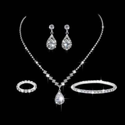 5pcs Sparkling Rhinestone Jewelry Set, Includes Earrings, Ring, Bracelet, Necklace, Sweet & Chic Design, Ideal For Bridal Wedding Dress Accessories