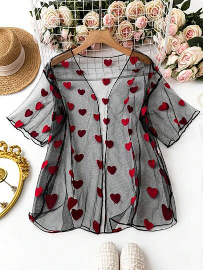 大码女式春秋夏季心形网眼优雅短袖开衫上衣，适合日常穿着、情人节、派对、度假