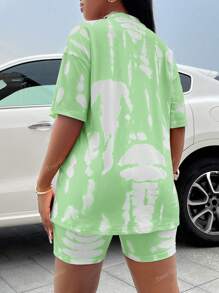 Women Casual Tie-Dye Round Neck Dropped Shoulder Short Sleeve Top And Shorts Set