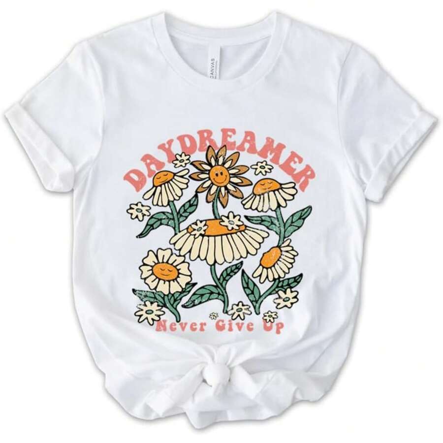 BOHOCAT Daydreamer Never Give Up Printed Floral T-Shirts, Soft Sunflower Tee For Mother's Day, Casual Short Sleeve Summer Top