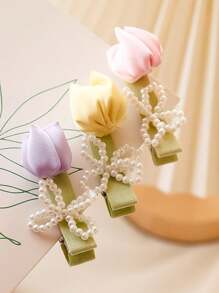 1pc Sweet Floral Rose Pearl Hair Clip Decorative Hairpin For Bangs & Strands - 1pcs - View 2