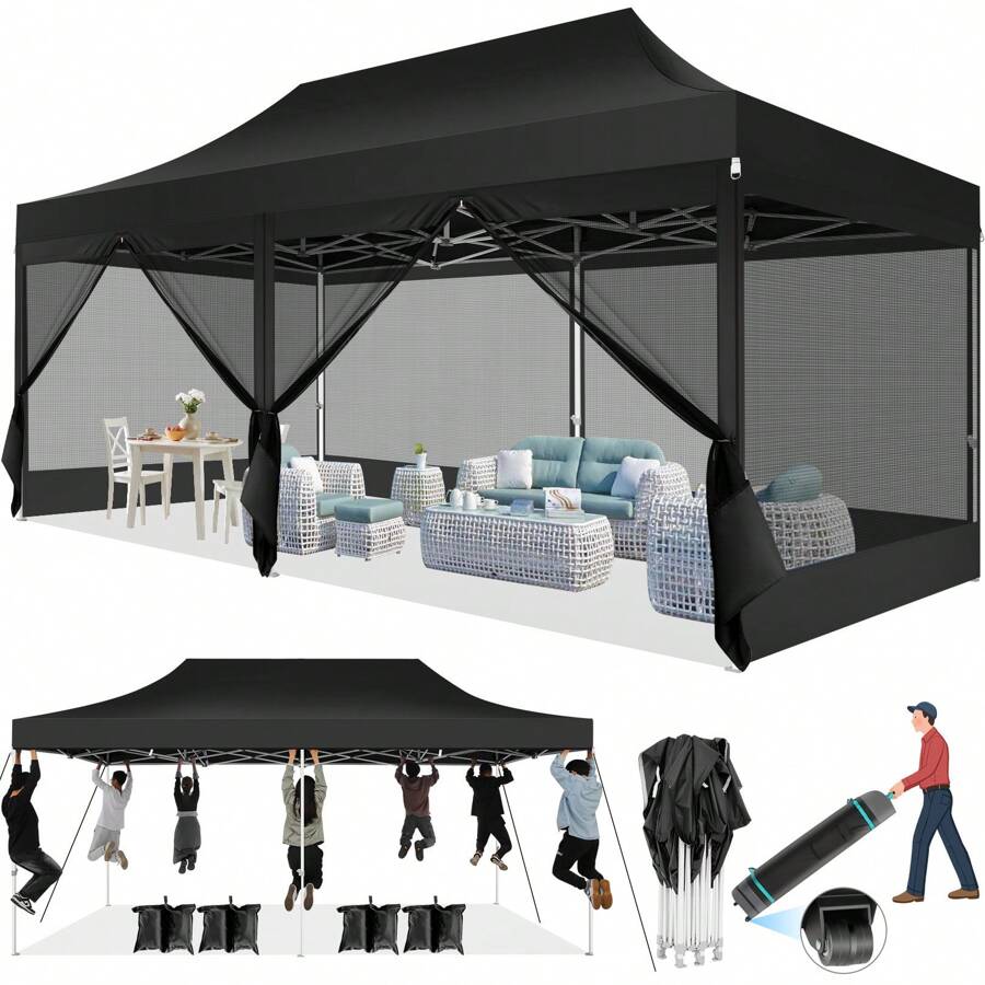 COBIZI 10x20 Canopy Tent, Heavy Duty Pop Up Canopy With Sidewalls, Waterproof Easy Setup Canopy With Mosquito Netting, Outdoor Instant Screen Tents For Parties, Wedding With Roller Bag