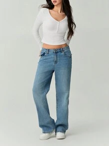 Women's Summer Slim Cropped Tops Solid Color Ribbed Long Sleeve V-Neck Button Show Navel T-Shirt - White - View 6