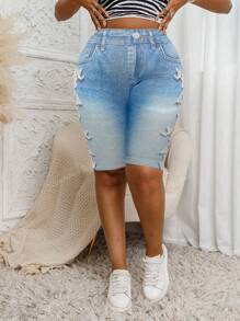 Plus Size High Elastic Printed Lace Hollow Out Design Yoga Shorts, Elegant Fashion Jegging Pants