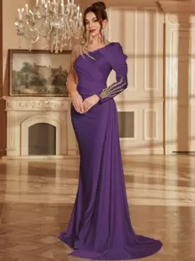 Applique Mesh Patchwork V-Neck Long Sleeve Elegant Long Gown With Trailing, Women Evening Dress,Party Dress,Formal,Wedding Guest - Violet Purple - View 1