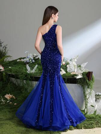  Alisa&Leo One-Shoulder Sequin Teen Evening Gown With Tulle Mermaid Skirt – Elegant Formal Dress For Gala Events, Red Carpet Galas, Prom Night, Graduation Balls, And Charity Dinners