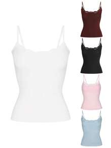 Beauace Women's Cami Tops Sleeveless Lace Trim Solid Color Slim Fit Camisole Summer Tops - White - View 3