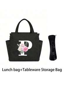 2 pièces/Set Sacs isothermes imprimés avec lettres A-Z et boîte de rangement pour couverts, sac à lunch à double poche