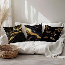 4pcs Set Simple Black & Gold Marble Texture Home Cushion Cover, Single-Sided Printed Peach Velvet Material, 45*45CM/18*18inch Throw Pillow Case Suitable For Modern Minimalist Sofa, Living Room Decor, Gift, Party Decoration