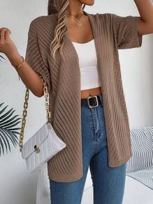 Casual Hollow Out Knit Short Sleeve Cardigan, Spring/Summer - Coffee Brown - View 4