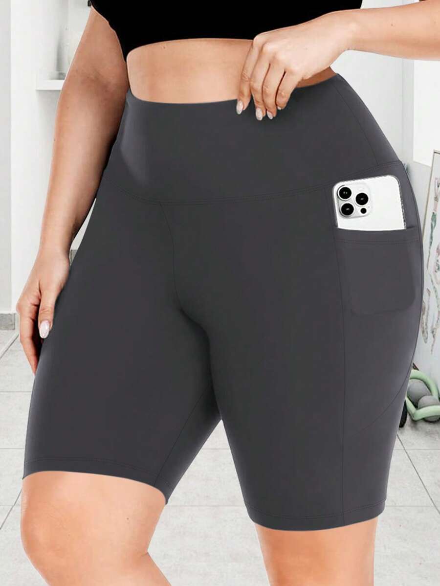 Plus Size Women Elastic Soft Crescent Pocket Yoga Pants, Casual Bike Shorts