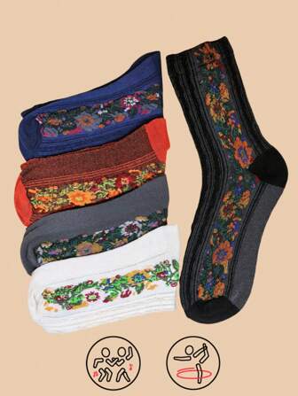 5 Pairs Women's Crew Socks Ditsy Floral Mid-Calf Socks, Retro Artistic Style Long Socks, Suitable For Spring, Summer And Autumn, Fashionable And Sweet Style