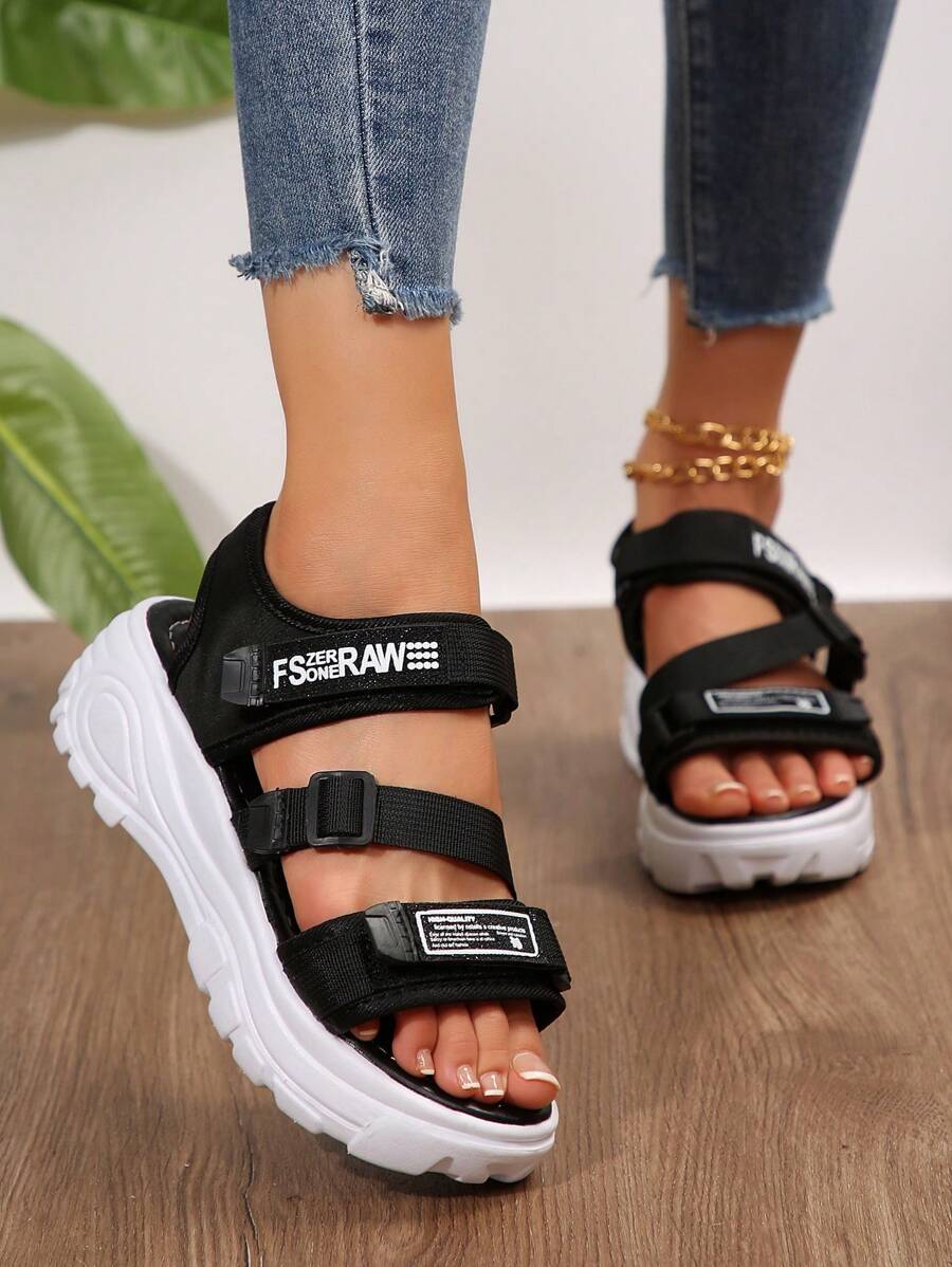 Casual Fashion Versatile Simple Hook And Loop Webbing Ladies' Sandals Women Thick Bottom Hook Loop Strap Sandals Fashion White Black With Sports Strap School Shoes, Beach Sandals