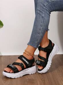 Casual Fashion Versatile Simple Hook And Loop Webbing Ladies' Sandals Women Thick Bottom Hook Loop Strap Sandals Fashion White Black With Sports Strap School Shoes, Beach Sandals - Black and White - View 7