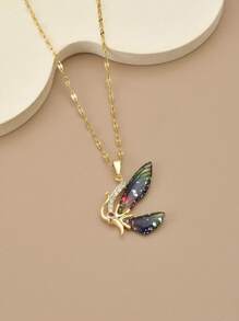 1 件水钻蝴蝶翅膀不锈钢奢华女士项链 - 金黃色 - 查看 2