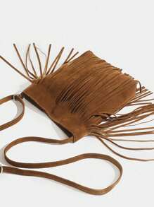 适合14岁及以上女孩的复古流苏单肩包/斜挎包：轻便、大容量、可调节肩带、时尚户外包 - 棕色 - 查看 3