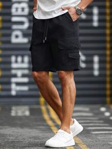 Men's Casual Cargo Shorts - Stylish Streetwear, Solid Color, Side Pocket And Adjustable Drawstring Belt, Polyester, Machine Washer, Loose Fitting Shorts | Sporty Look Shorts | Woven Shorts