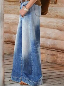 Vaqueros casuales de cintura alta y pierna ancha en estilo retro para mujeres