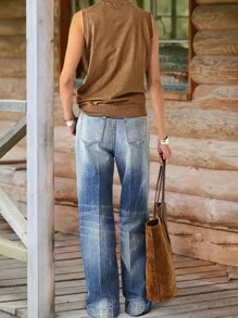 Vaqueros casuales de cintura alta y pierna ancha en estilo retro para mujeres