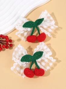 2pcs Cute Cherry Hair Bows For Kids White Lace Bow Alligator Clips Crochet Cherry Girls Hiar Clips Adorable Girls Pigtail Bows Barrettes Kids Hair Accessories