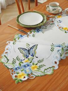 1pc Polyester Decorative Table Runner, Elegant Colorful Embroidery & Cutout Butterfly & Flower Pattern, Suitable For Kitchen, Dining Table, Room Decor, Dressing Table, Coffee Table, Book Desk, Anti-Hot Anti-Stain Table Mat, Home Decor, For Indoor Outdoor, Party, Wedding - Blue - View 10