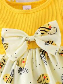 Conjunto de 2 piezas de vestido mono informal con parches a rayas y decoración de abeja, con cintura ajustada y diadema para bebé niña