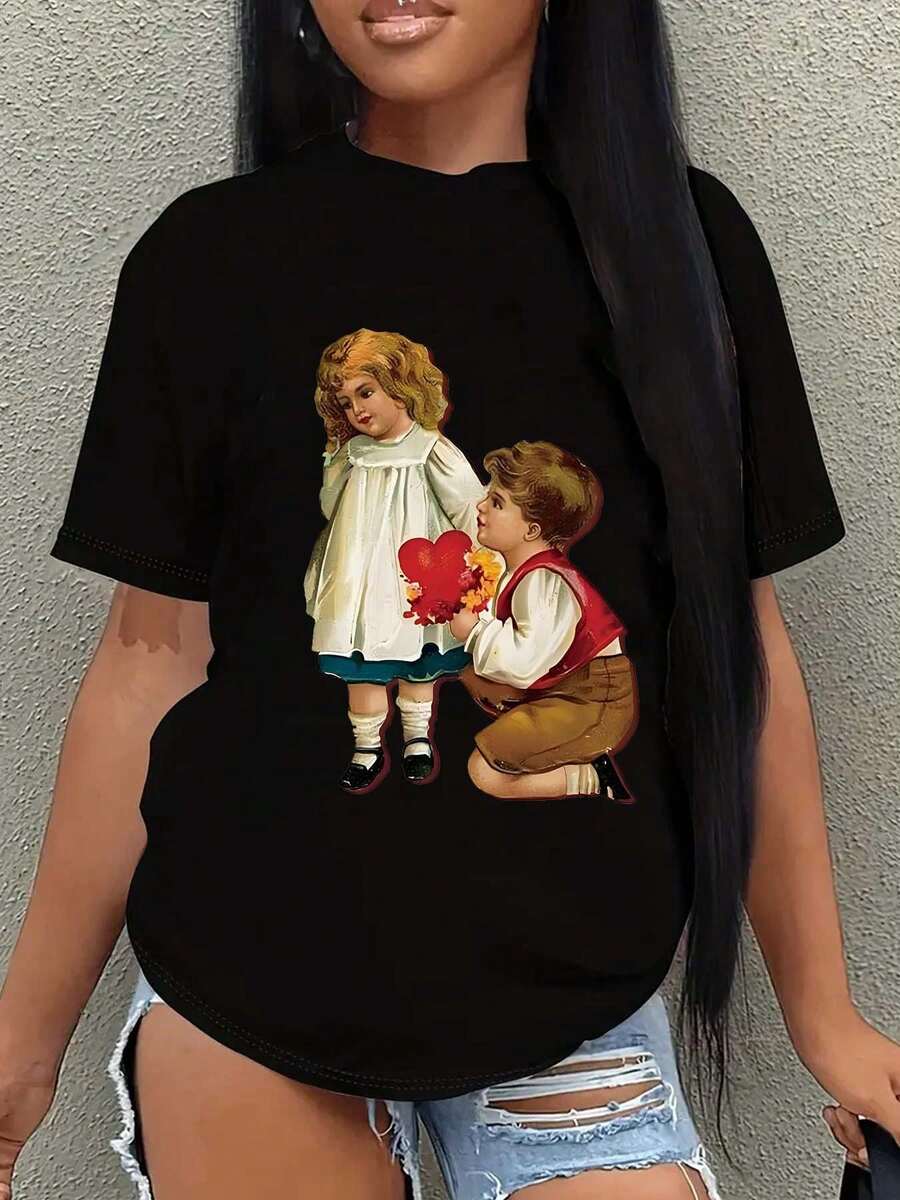 Cartoon Print Unisex T-Shirt,Vintage 1950s Retro Valentines Clipart, Funny Gag Shirt Couple Casual Blouse Tops, Cute Graphic Tees Short Sleeve Summer Cotton Tee Tops, Women's Shirts, For Valentine's Day, Mother's Day, Birthday Gift, - Black - View 1