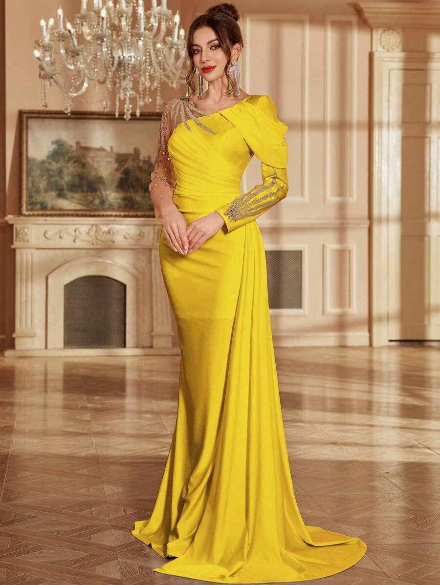 Applique Mesh Splice Long Sleeve Elegant Asymmetrical Neck Maxi Evening Dress With Train, For Women, Party Dress, Wedding Guest Dress, Formal Dress,Gown - Yellow - View 1