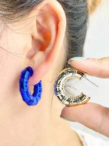 1 Set Of 9 Pairs Fashion Metal-Color Acrylic Asymmetrical C-Shape Hoop Earrings Set, Suitable For Daily Wearing For Women
