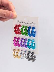 1 Set Of 9 Pairs Fashion Metal-Color Acrylic Asymmetrical C-Shape Hoop Earrings Set, Suitable For Daily Wearing For Women