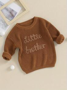 Suéter para bebé niño con bordado de letras, cuello redondo, manga larga, ropa de otoño para niño pequeño, jerséis, tops - Granate - Ver 3
