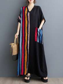2026夏季大码波西米亚风休闲连衣裙，V领短袖条纹撞色连衣裙，沙滩度假连衣裙，优雅日常连衣裙，适合妈妈们穿着（黑色） - 黑色 - 查看 2