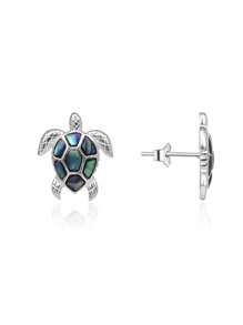 1 Pair 925 Sterling Silver Abalone Shell & Sea Turtle Stud Earrings, Fashionable Unisex