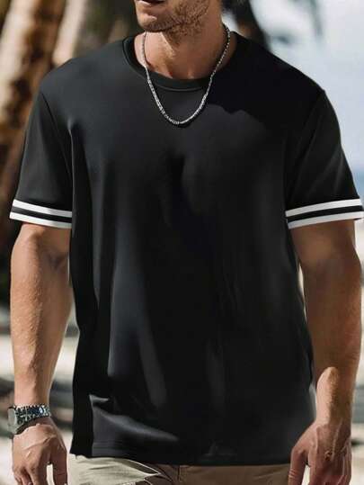 休闲男友风格男士纯色运动 T 恤，罗纹袖口设计，适合户外运动、跑步、健身、基本款 T 恤，春夏季