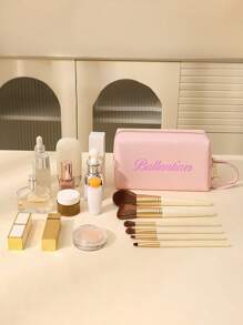 1pc Women Personalized PU Leather Cosmetic Bag Inner Lining, Portable Travel Toiletry Pouch, Fashion Large Capacity Grooming Bag, Embroidered Letter Beauty Organizer, Suitable As Gift For Family, Friends, Mother, Girlfriend, Valentine's Day, Christmas, Nurse's Day, Teacher's Day, Birthday - Multicolor - View 3