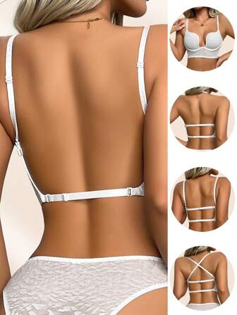 节日季万圣节服装女士超薄胸罩新娘内衣性感蕾丝U型露背女士内衣美背胸罩超薄隐形胸罩透气网眼白色Bralette舒适法式内衣女士钢圈胸罩豹纹条纹内衣