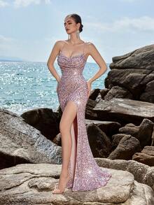 ADYCE Sequined Spaghetti Strap High Waist Front Slit Open Back Tie Strap Party Dress, Wedding Guest Dress, Formal Dress, Evening Dress - Dusty Pink - View 7