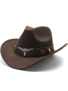 1 件经典复古牛仔帽，配有可拆卸棕色皮革带装饰，适合户外穿着 - 公牛棕皮禮帽 - 查看 12