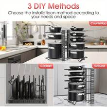 1 pieza Organizador de estante para ollas, Organizador de 8 niveles para ollas y sartenes para organización y almacenamiento de cocina, Soportes ajustables para tapas de ollas y estante para sartenes, Organizador de tapas para ollas y sartenes con 3 métodos de bricolaje - Negro - Ver 4