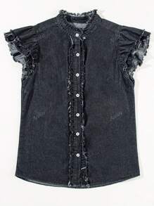 Acelitt Fashionable Casual Sleeveless Ruffle Fringe Denim Crop Top