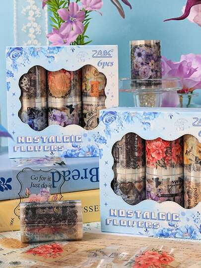 6 Rolls Of Vintage Floral Pattern PET Waterproof Sticker Set, 2m*78.74 Inches Per Roll, Beautiful Stickers For Scrapbooking And Handicrafts School Supplies Decorative Stickers