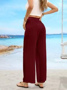 Pantalones rectos informales de cintura de cordón, bolsillo sesgado y unicolor - Burdeos - Ver 2