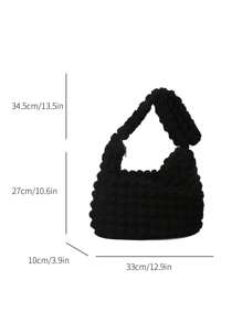 褶皱大容量单肩包，韩版风格，百搭云朵印花休闲斜挎手提包 - 黑色 - 查看 2